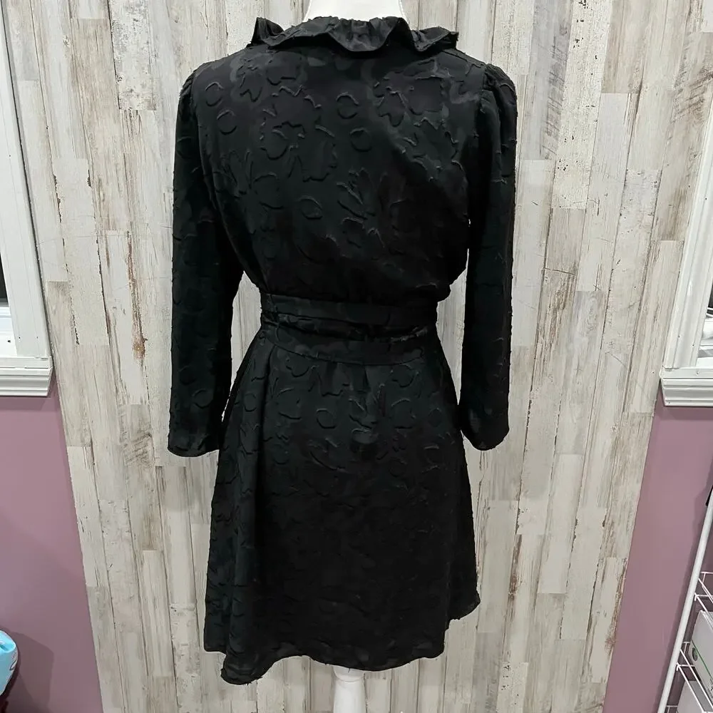 Madewell Black Ruffled Floral Jacquard Wrap Above Knee Mini Dress Size Small